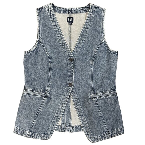 GAP Denim Vest Medium Indigo Women’s Sleeveless Button Front Longline Pockets M - Picture 5 of 12